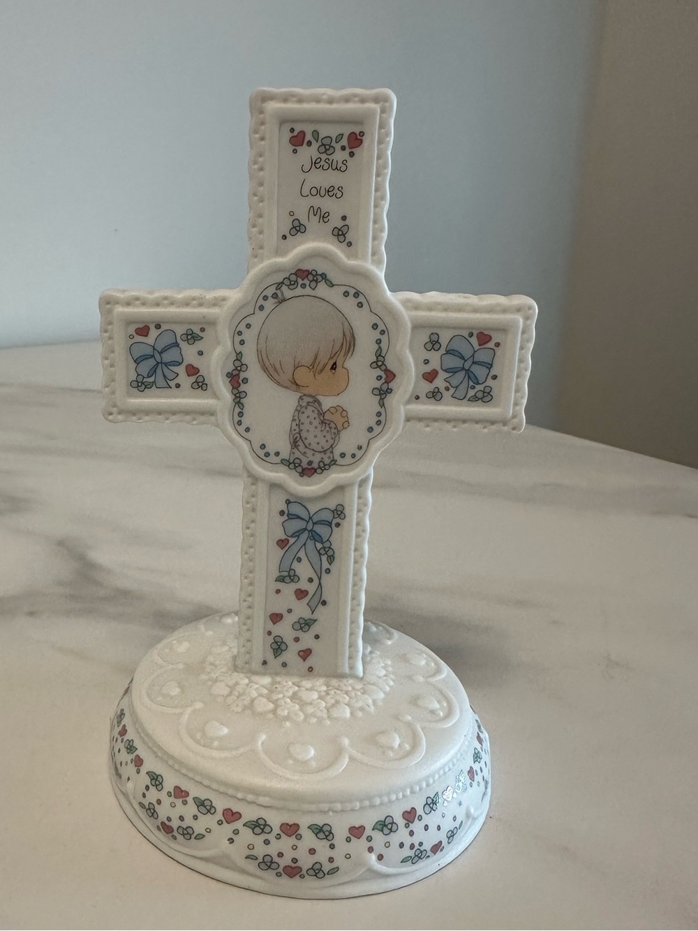 Vintage Precious Moments White/Blue Hearts/Flowers Porcelain Cross on Stand